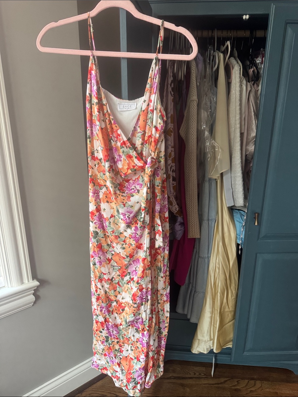 Sage Floral Wrap Maxi Dress in Cream, Orange & Pink
